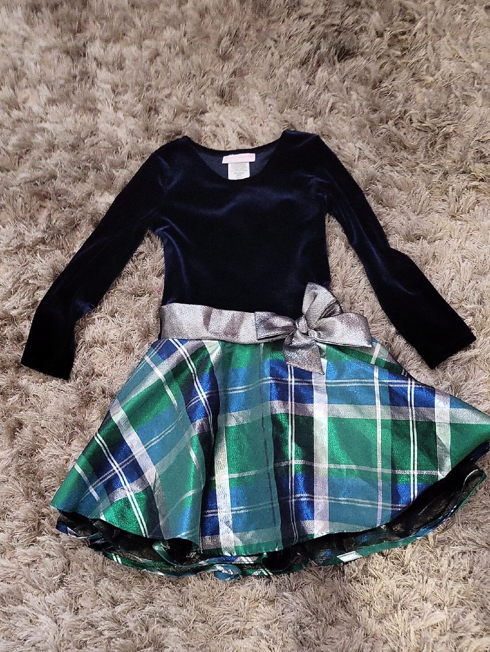 Bonnie Jean Navy Velvet Top with Green & Blue Plaid Skirt and Silver Bow